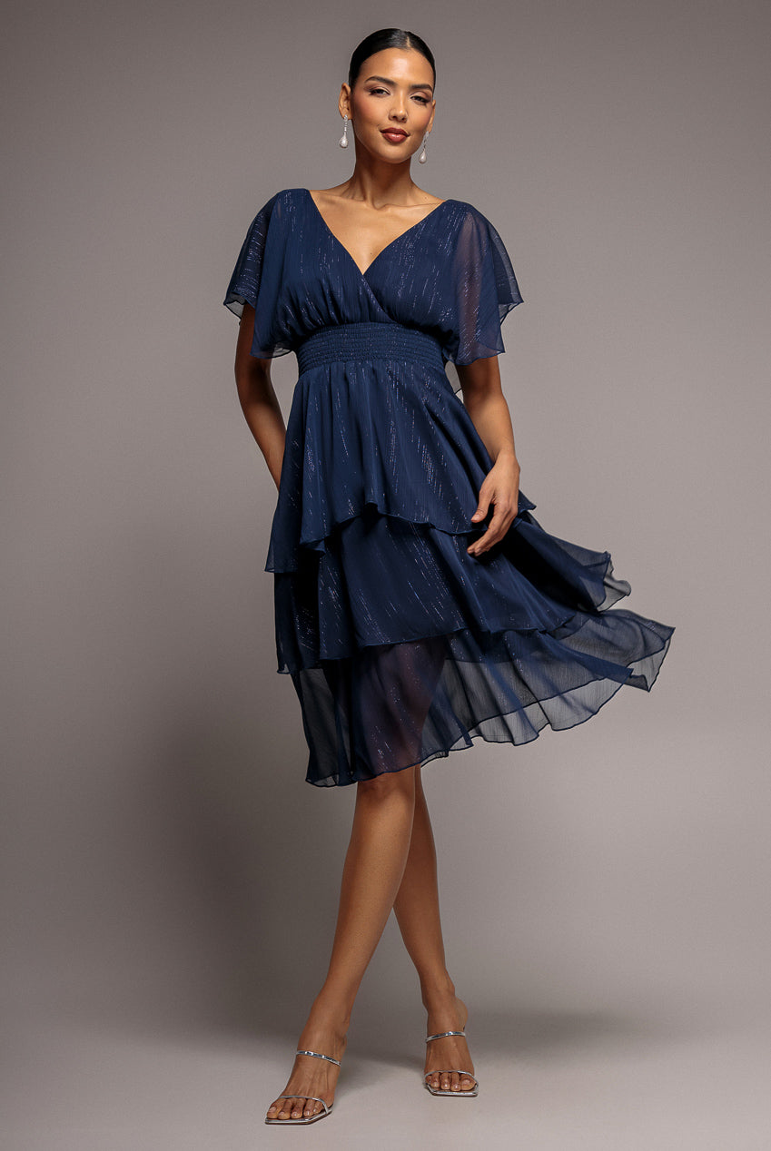 Goddiva Chiffon Layered Flutter Sleeve Midi Dress