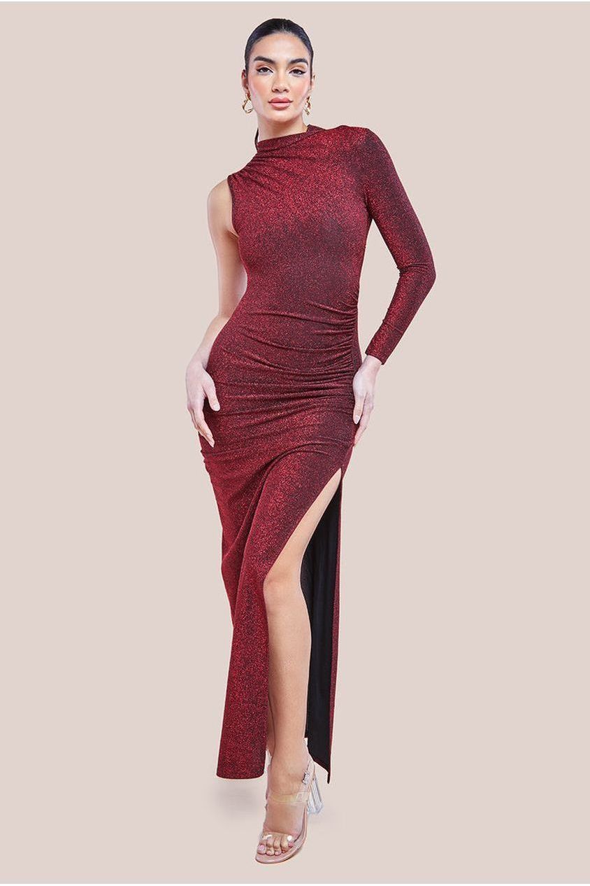 Goddiva Open Lurex Back One Sleeve Maxi Dress