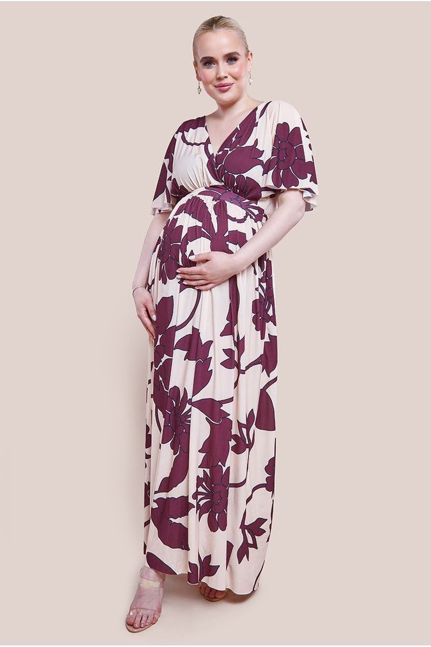 Goddiva Maternity Leaf Print Flutter Sleeve Maxi Dress