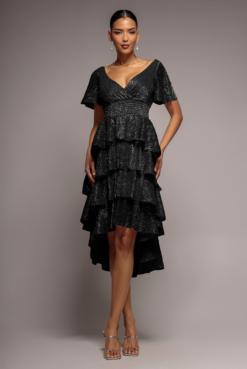 Goddiva Crinkle Lurex High Low Layered Midi Dress