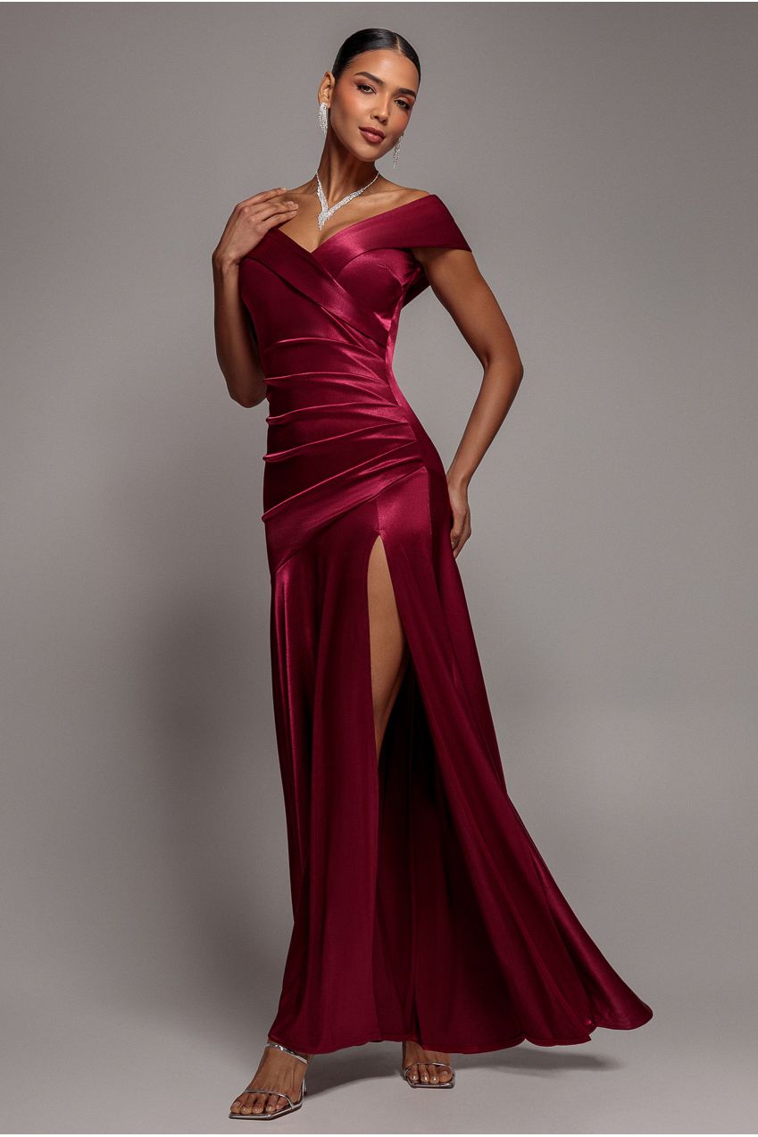 Goddiva Satin Off Shoulder Pleated Maxi Dress