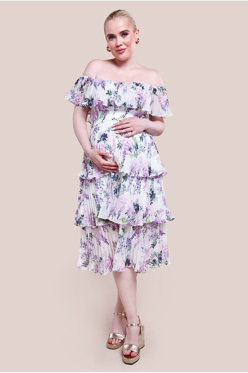 Goddiva Maternity Shirred Chiffon Floral Bardot Midi Dress