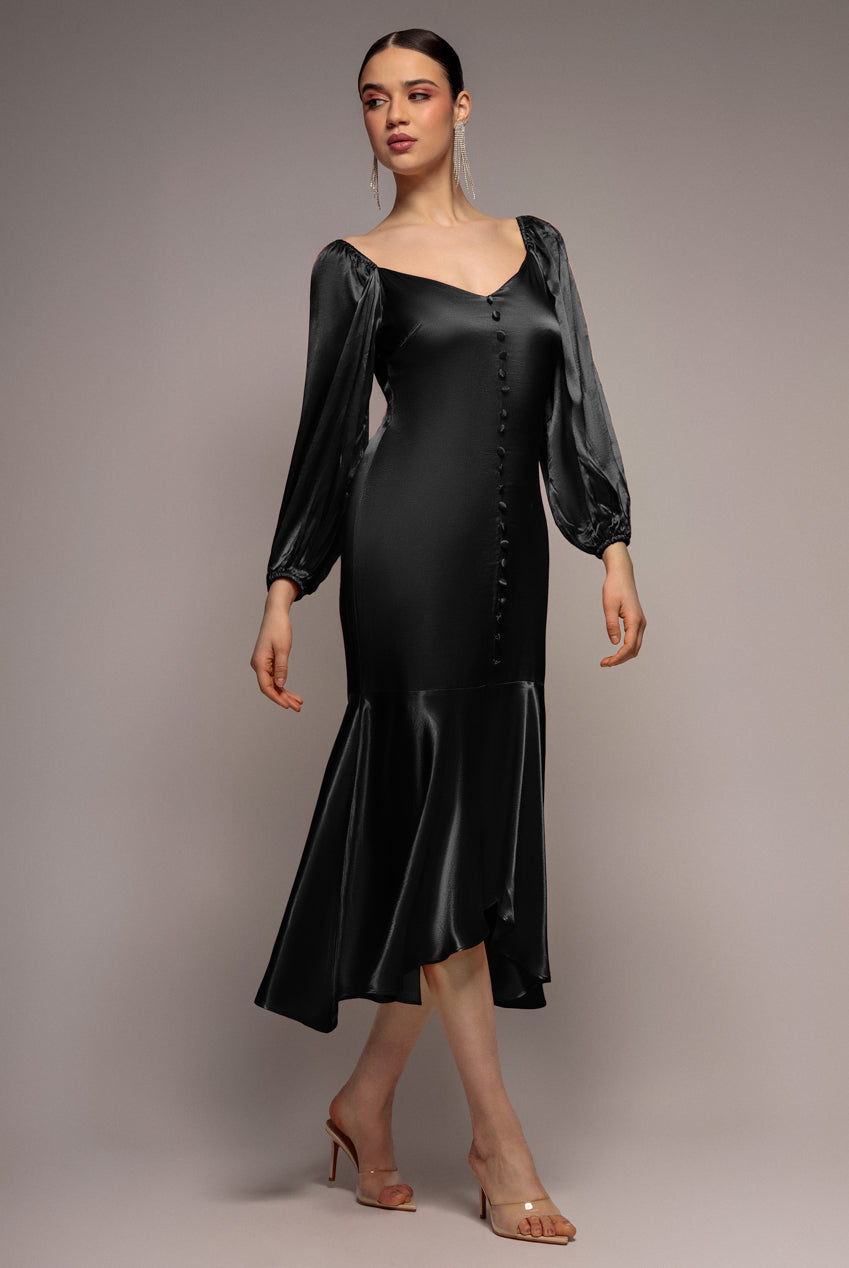 Goddiva Satin Viscose Front Buttoned Dipped Hem Midaxi Dress