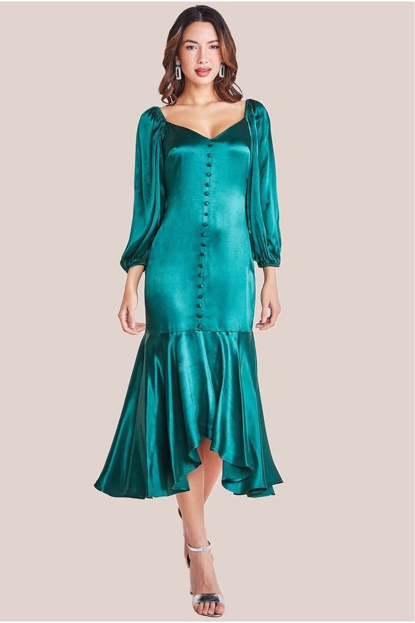 Goddiva Satin Viscose Front Buttoned Dipped Hem Midaxi Dress