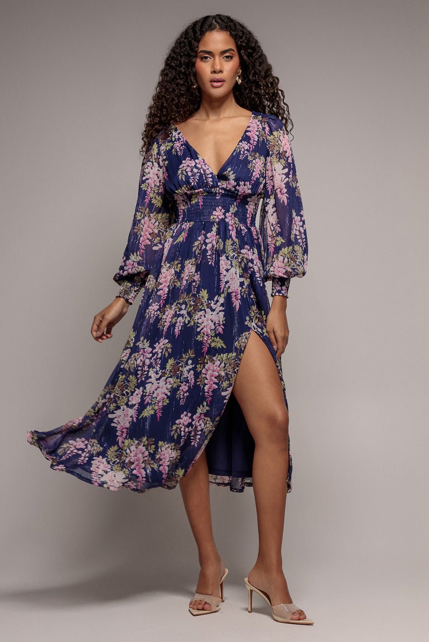 Goddiva Printed Lurex Chiffon Long Sleeve Midi Dress