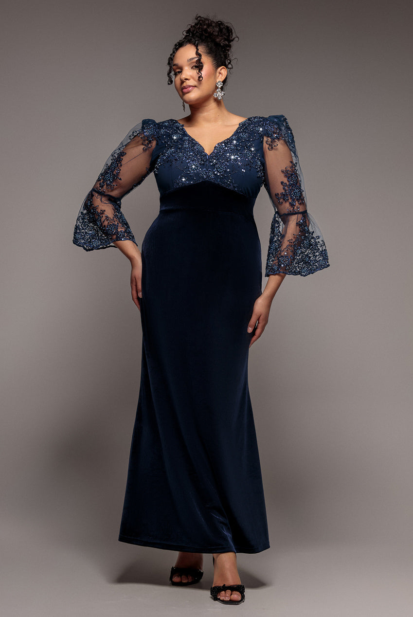 Goddiva Plus Scalloped Lace & Velvet Maxi Dress