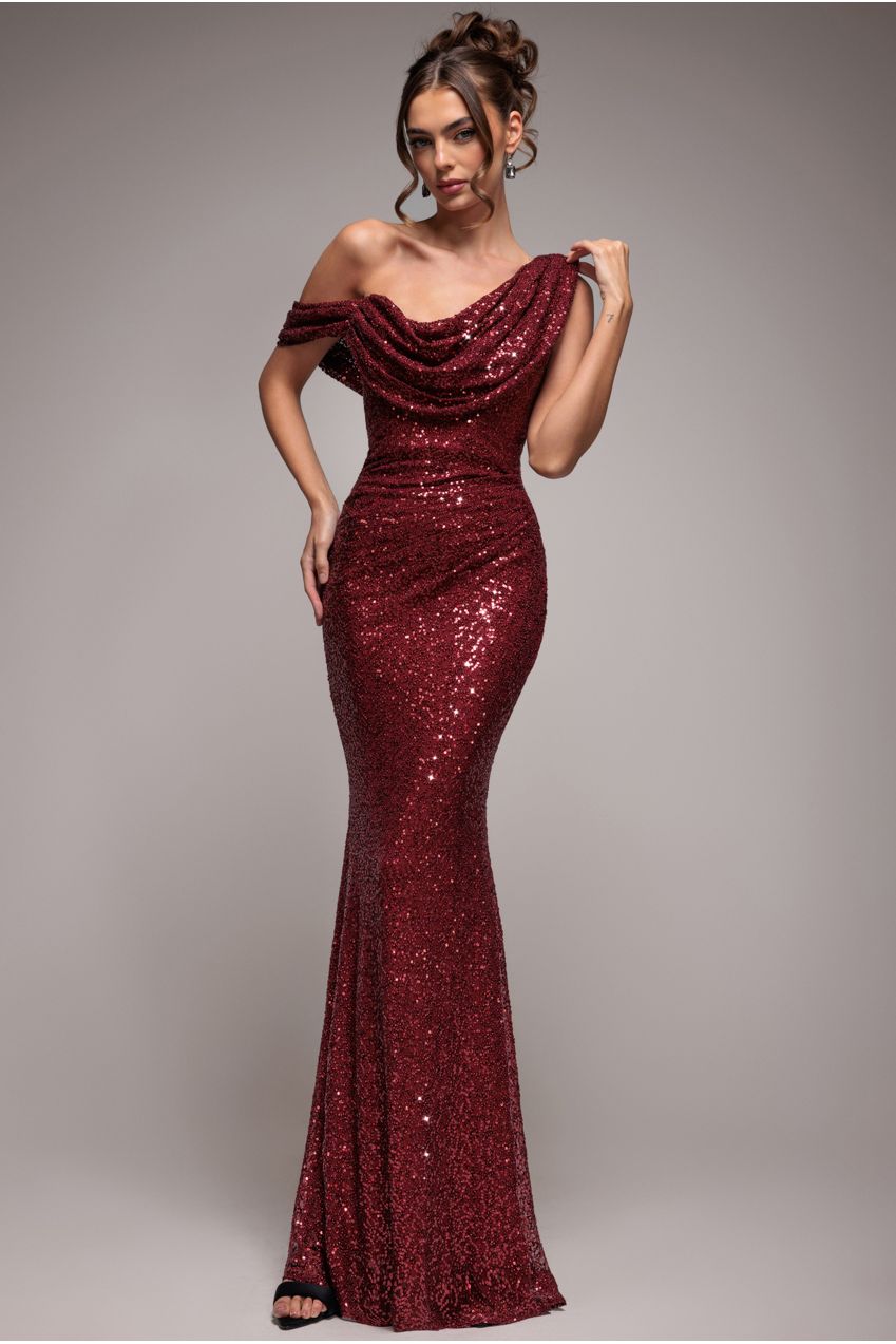 Goddiva Sequin Cowl One Shoulder Maxi Dress