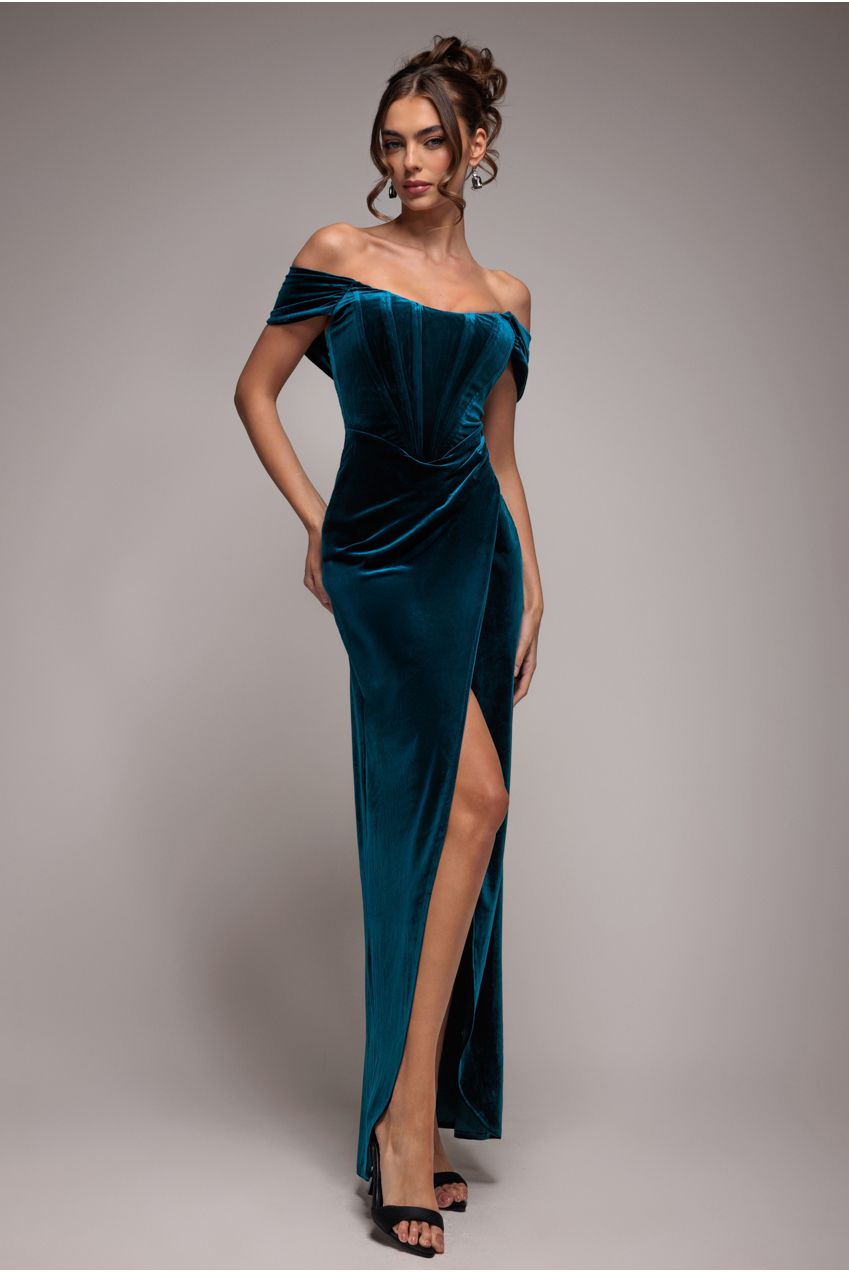 Goddiva Draped Shoulder Velvet Corset Maxi Dress