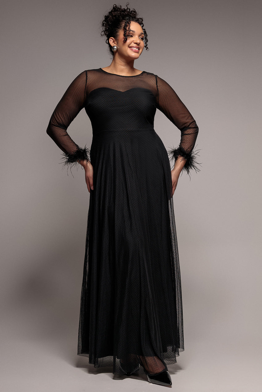 Goddiva Plus Dobby Mesh Feather Sleeve Hem Maxi Dress