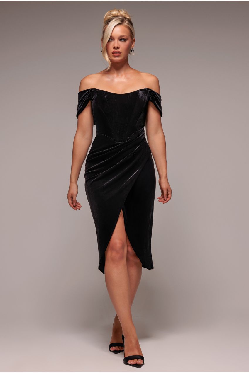 Goddiva Draped Shoulder Velvet Corset Midi Dress