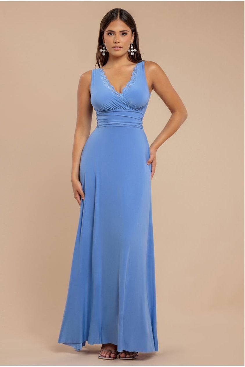 Goddiva Diamante & Scalloped Lace Neck Maxi Dress