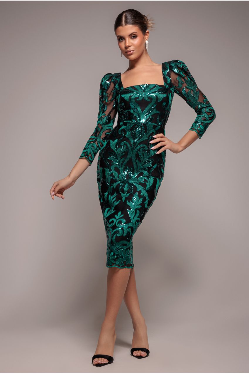 Goddiva Square Neck Scalloped Embroidered Sequin Midi Dress