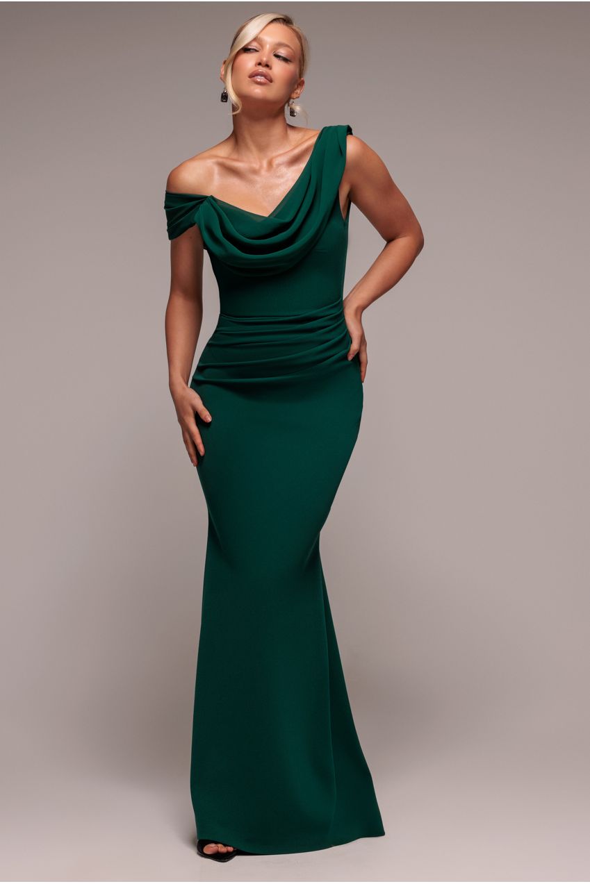 Goddiva Asymmetric Chiffon Cowl Neck Scuba Maxi Dress