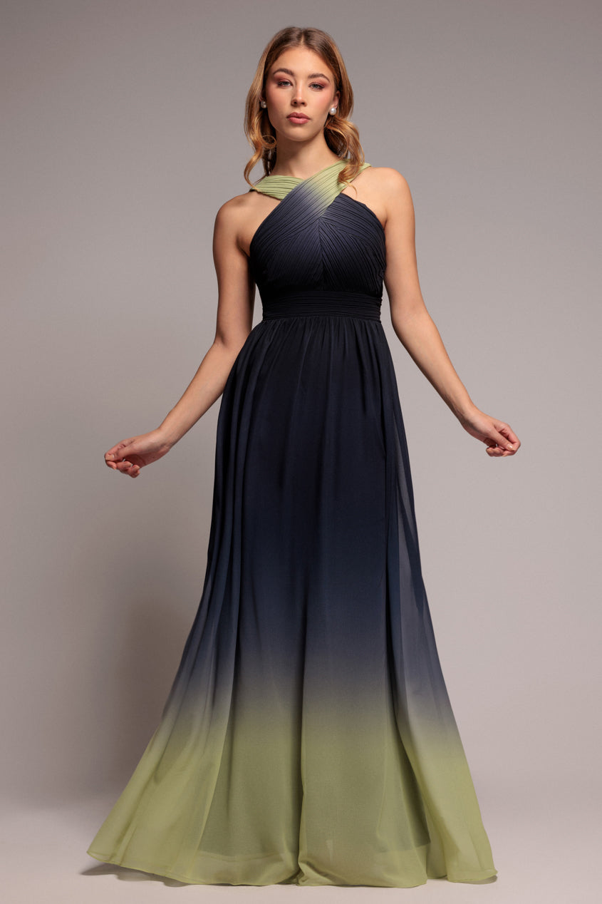 Goddiva Ombre Cross Front Pleated Maxi Dress