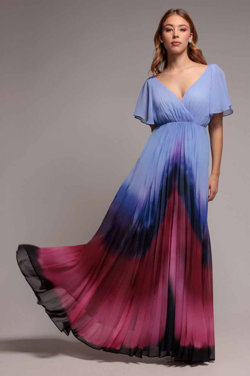 Goddiva Wavy Ombre A-Line Chiffon Maxi Dress