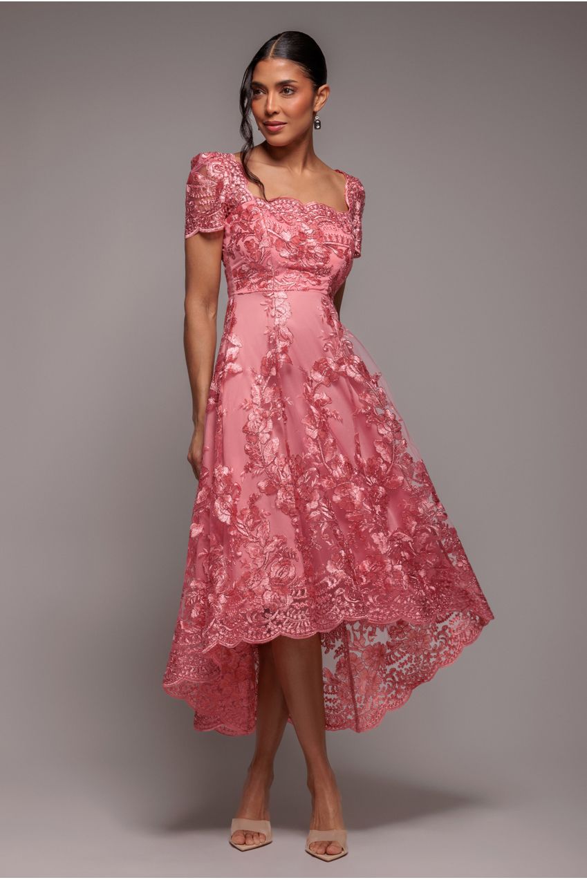 Goddiva Scalloped Neck Embroidered Lace High Low Midi Dress