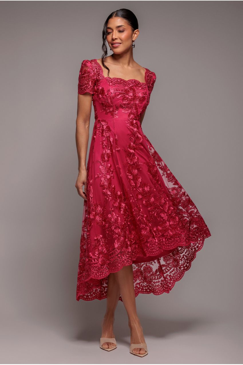 Goddiva Scalloped Neck Embroidered Lace High Low Midi Dress
