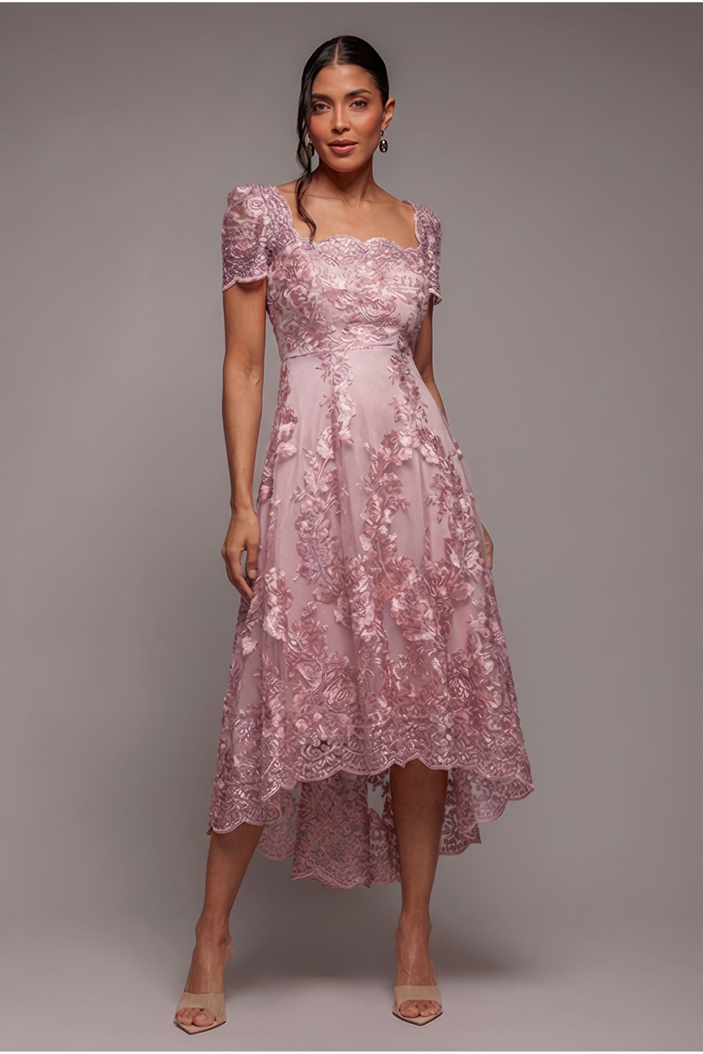 Goddiva Scalloped Neck Embroidered Lace High Low Midi Dress