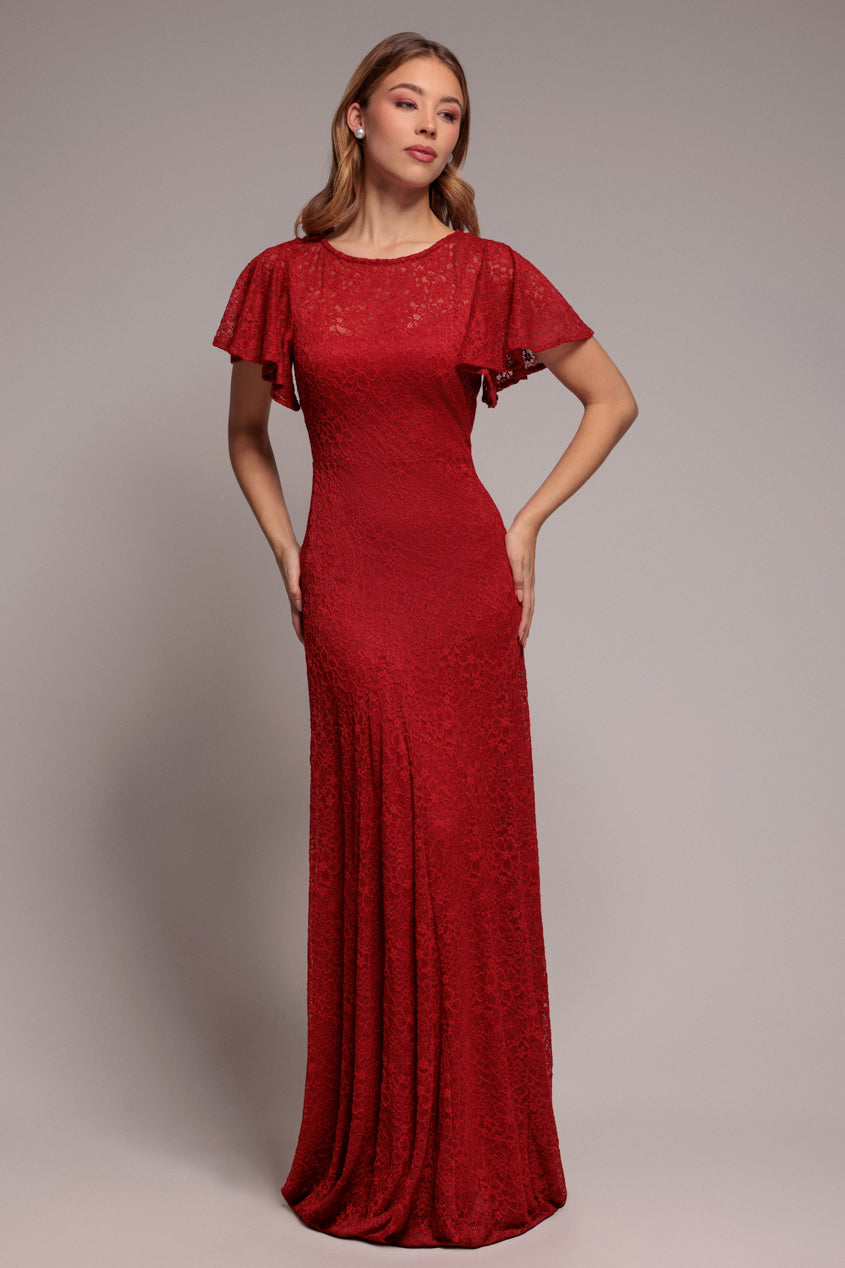 Goddiva Flutter Sleeve Lace A-Line Maxi Dress