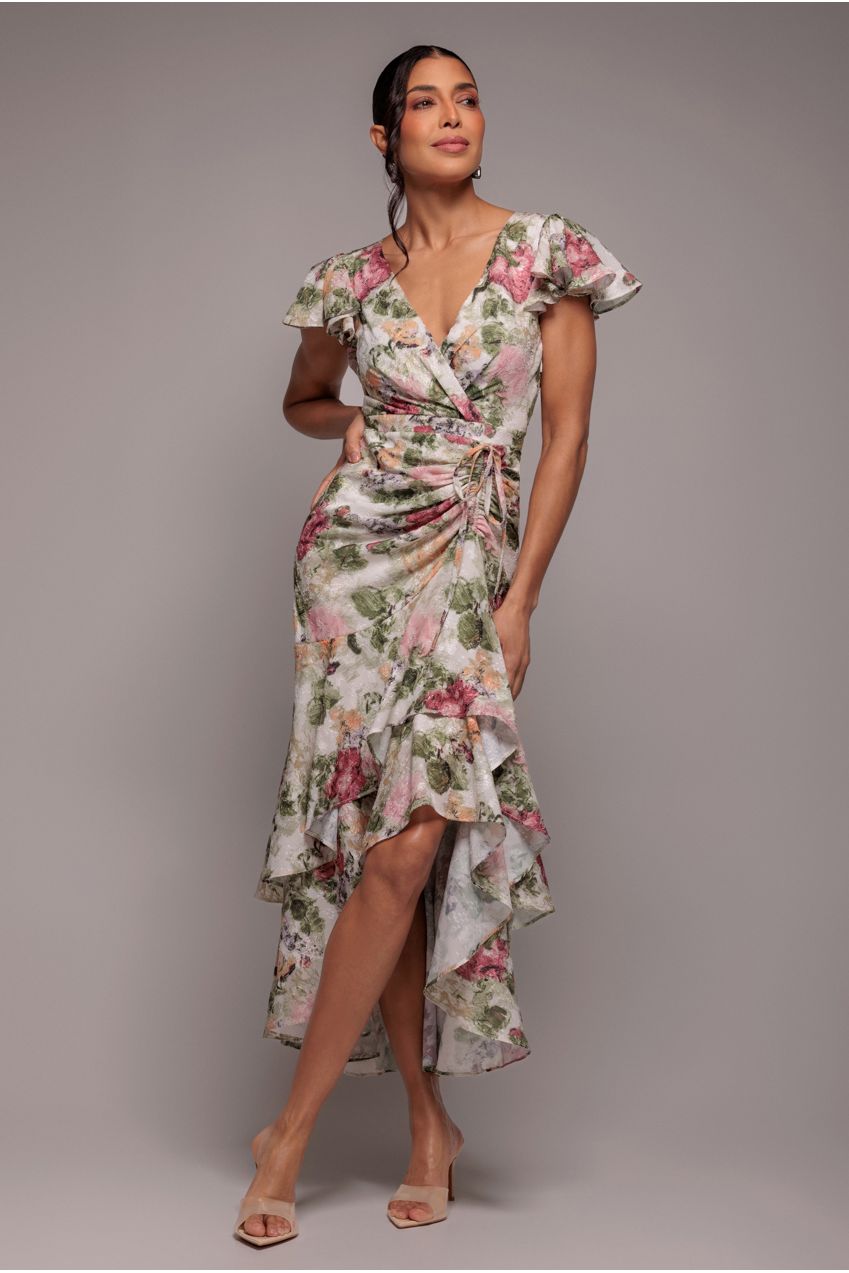 Goddiva Floral Wrap High And Low Midaxi Dress