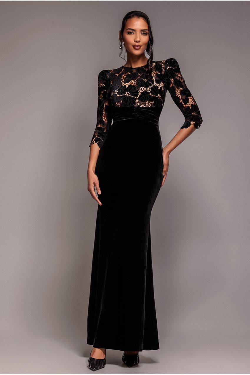 Goddiva Scalloped Velvet Crochet Maxi Dress