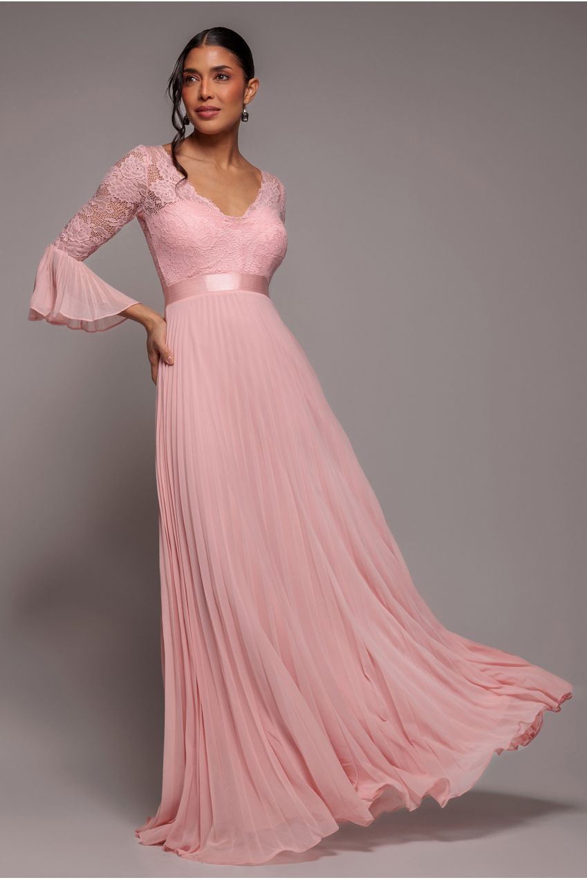 Goddiva Scalloped Lace Bodice Pleated Chiffon A Line Maxi Dress