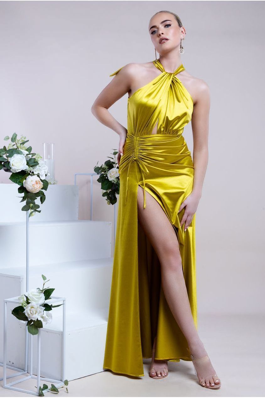Goddiva Halter Neck Front Split Satin Maxi Dress