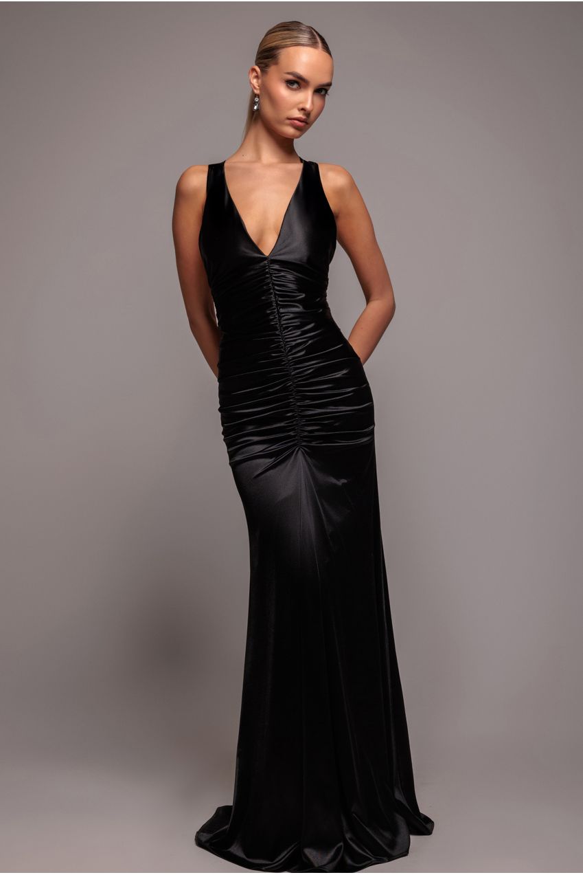 Goddiva Multi-Tied Satin Gathered Ring Maxi Dress