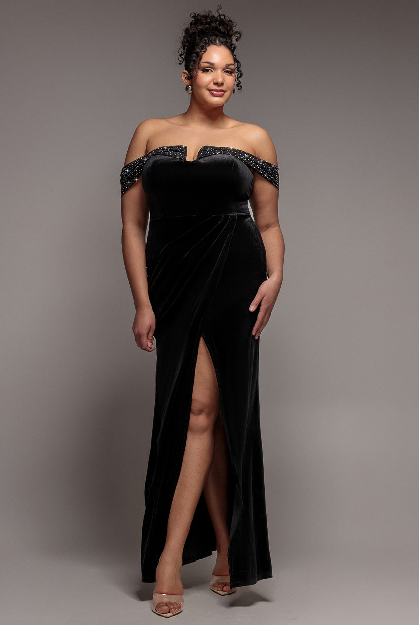 Goddiva Plus Off Shoulder Hotfix Diamante Wing Velvet Maxi Dress