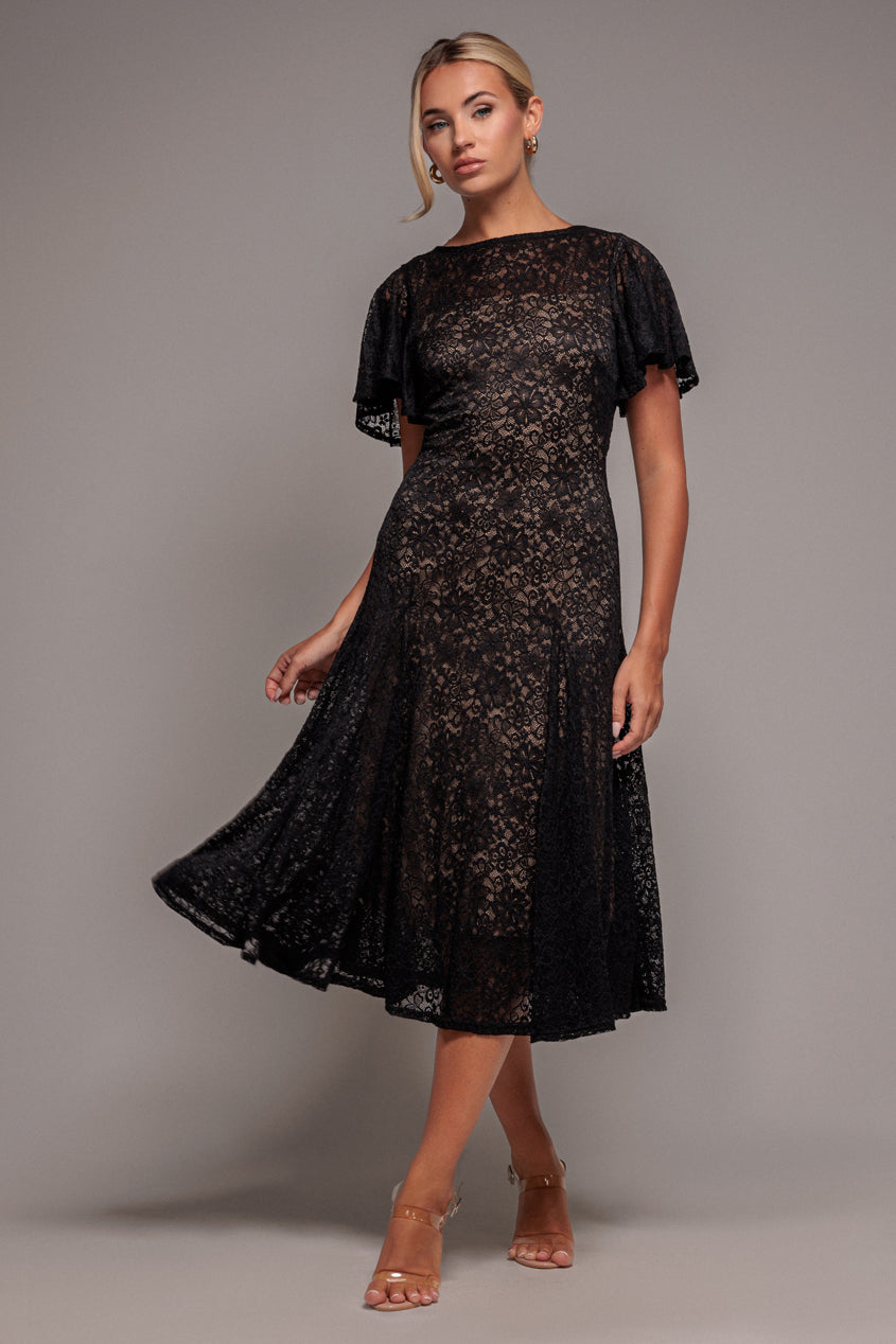 Goddiva Flutter Sleeve Lace A-Line Midi Dress