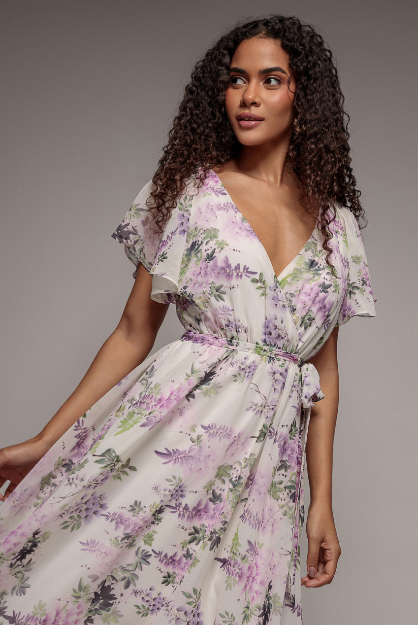 Goddiva Floral Printed Flutter Sleeve Chiffon Midi Dress