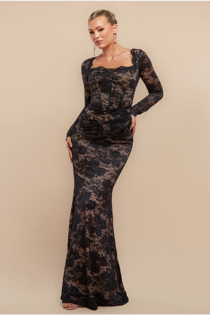 Goddiva Scalloped Lace Corset Bodice Maxi Dress