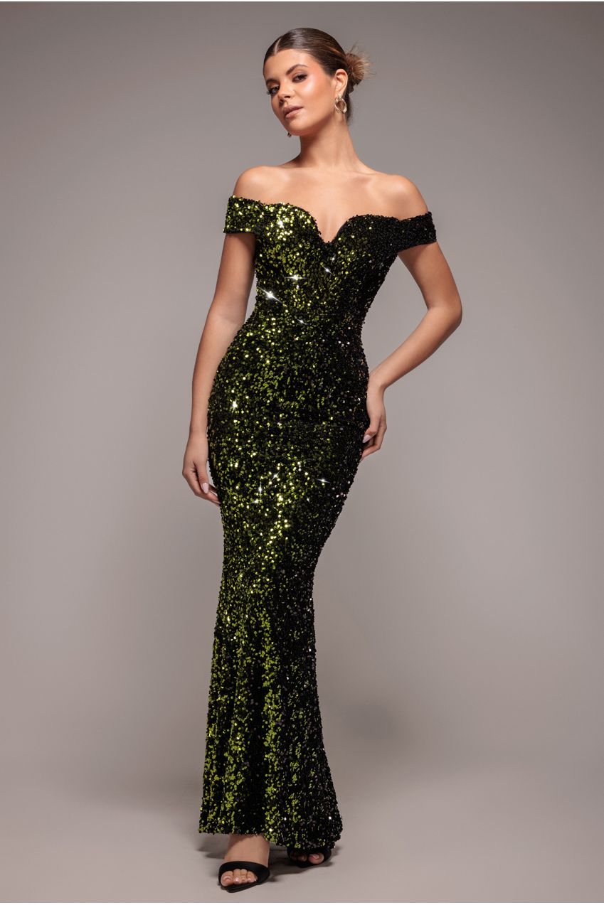 Goddiva Sequin Velvet Bardot Evening Maxi Dress