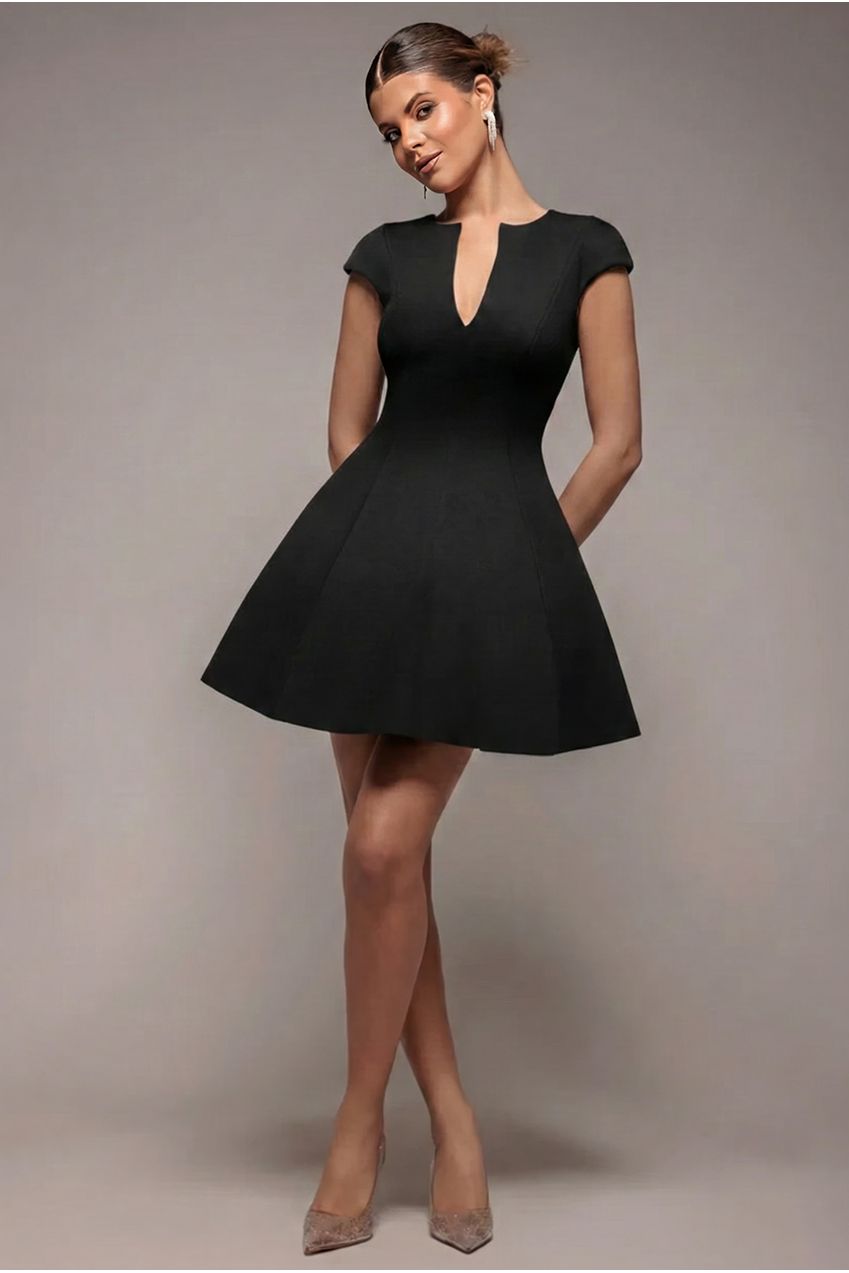 Goddiva Cap Sleeve Plunging V-Neckline Skater Mini Dress