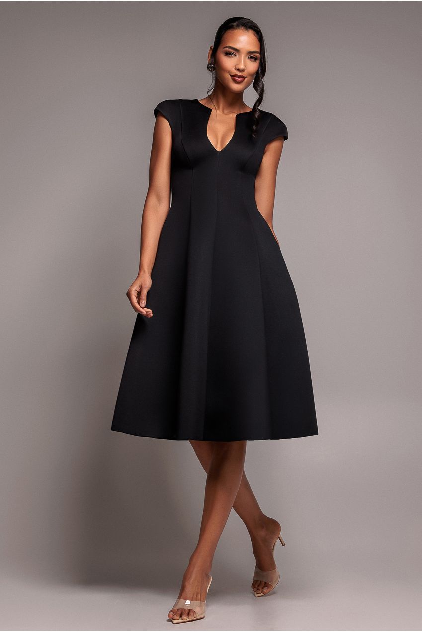 Goddiva Cap Sleeve Plunging V-Neckline A-line Midi Dress