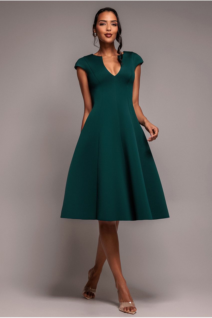 Goddiva Cap Sleeve Plunging V Neckline A Line Midi Dress