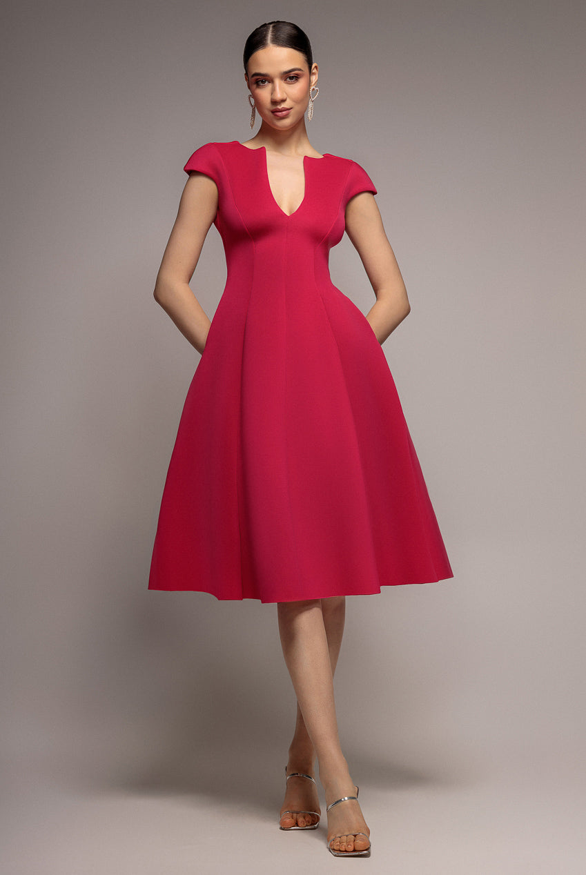 Goddiva Cap Sleeve Plunging V-Neckline A-line Midi Dress