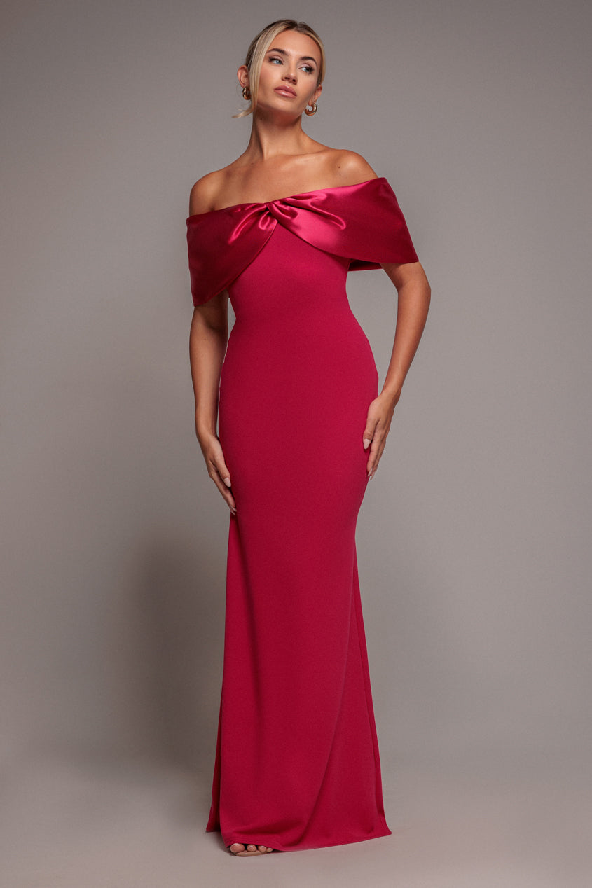 Goddiva Twist Knot Satin & Scuba Bardot Maxi Dress