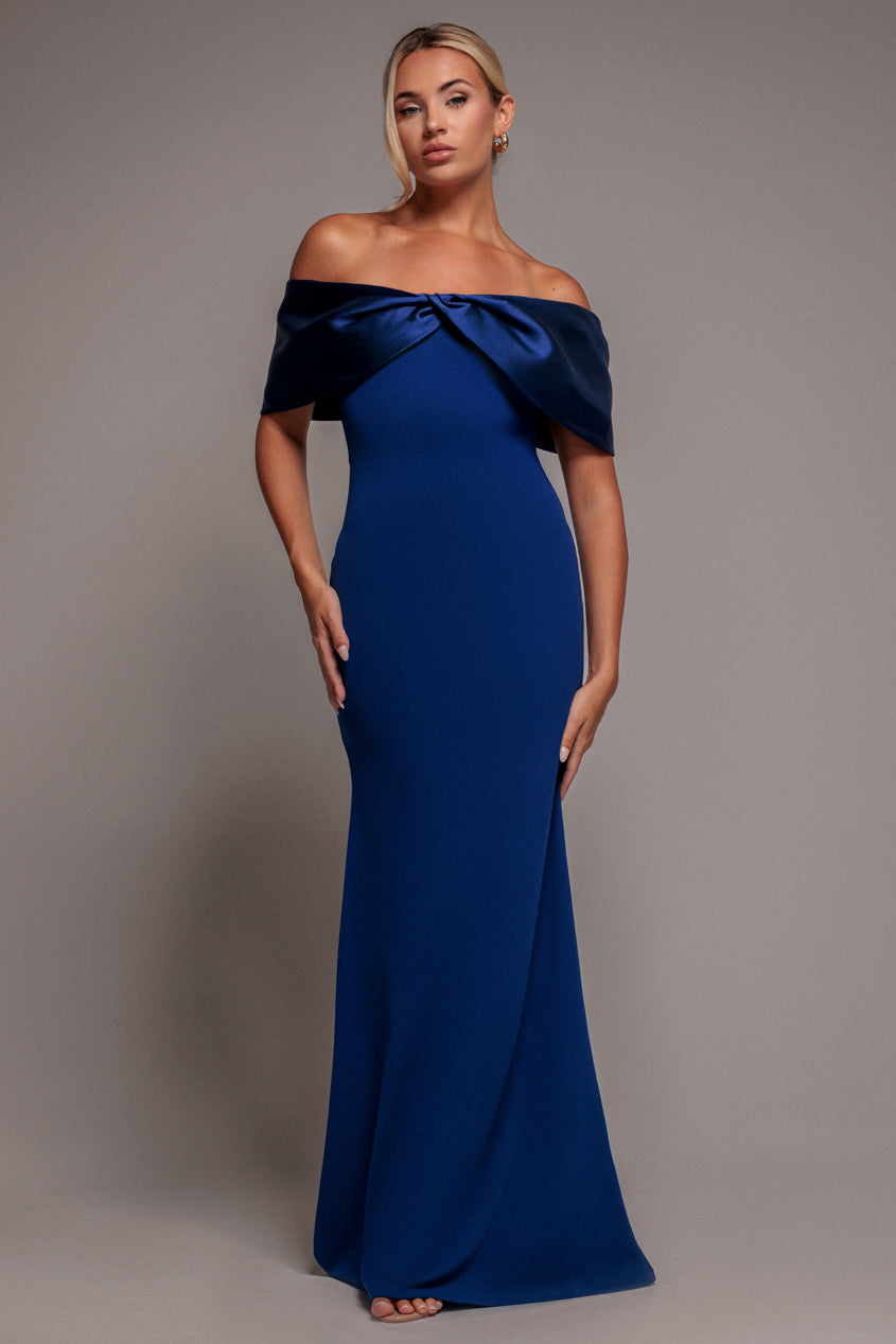 Goddiva Twist Knot Satin & Scuba Bardot Maxi Dress