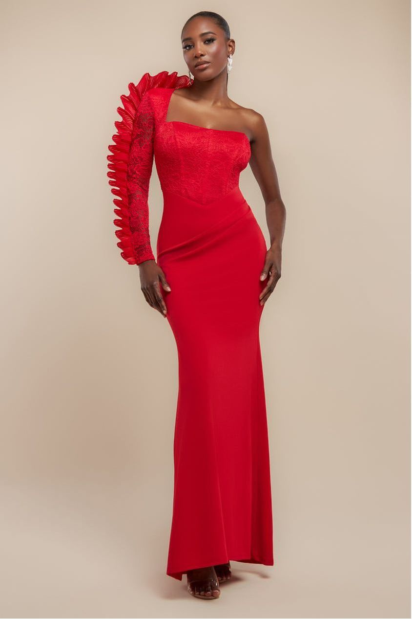 Goddiva One Shoulder Organza Fan Detail Lace Bodice Maxi Dress
