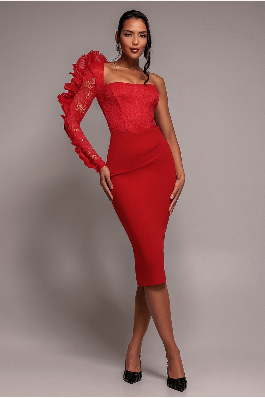 Goddiva One Shoulder Organza Fan Detail Lace Bodice Midi Dress