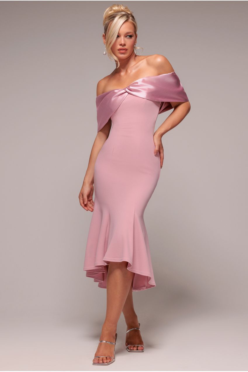 Goddiva Twist Knot Satin & Scuba Bardot High Low Midi Dress