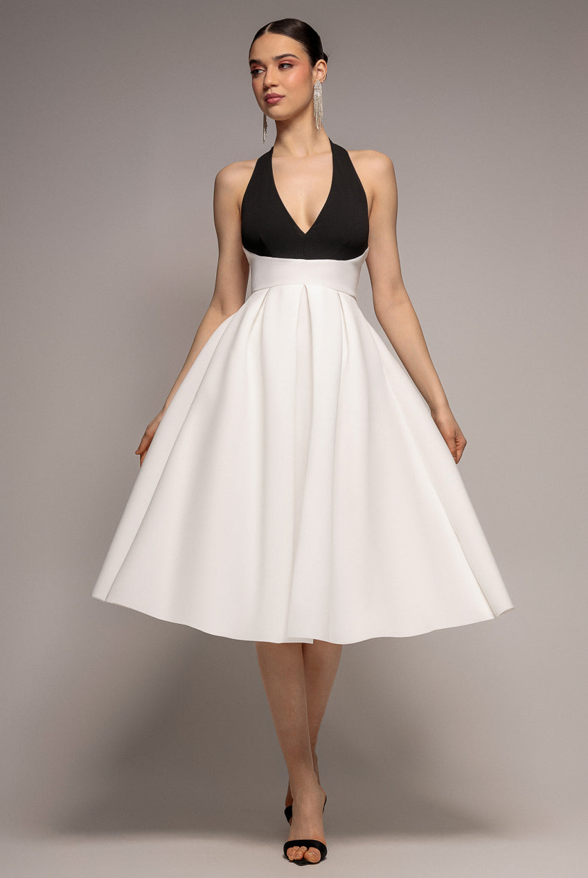 Goddiva Contrast Halter Neck Pleated A-Line Midaxi Dress
