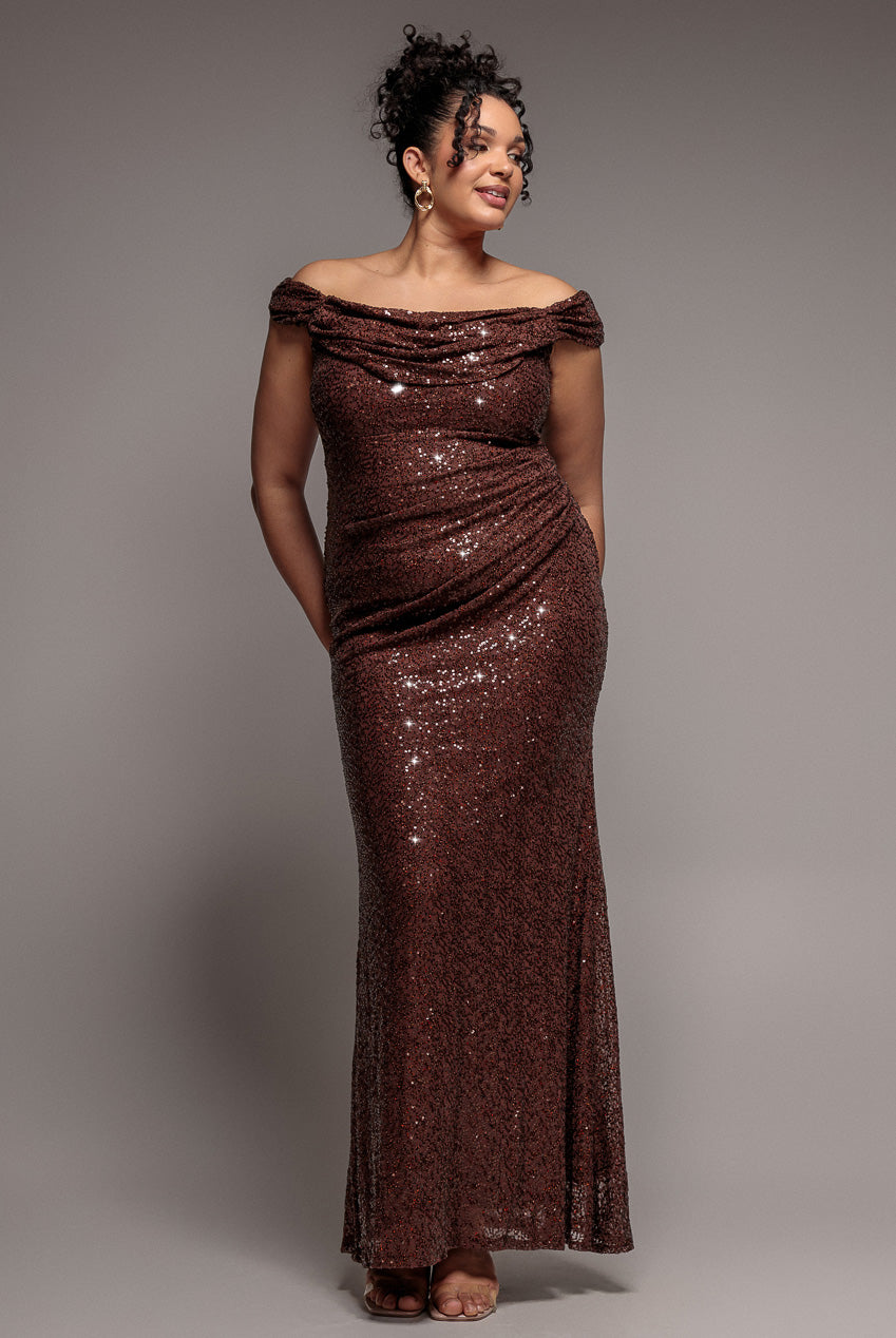 Goddiva Plus Cap Sleeve Iridescent Sequin Cowl Maxi Dress