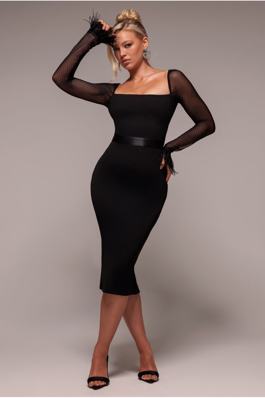 Goddiva Dobby Mesh Feather Sleeve Bodycon Midi Dress