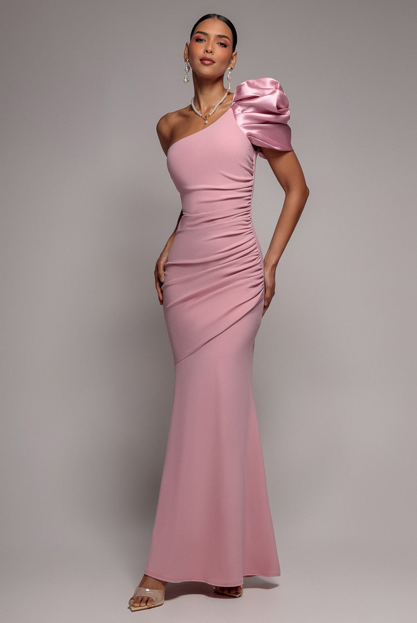 Goddiva One Shoulder Puffed Satin Sleeve Evening Maxi Dress
