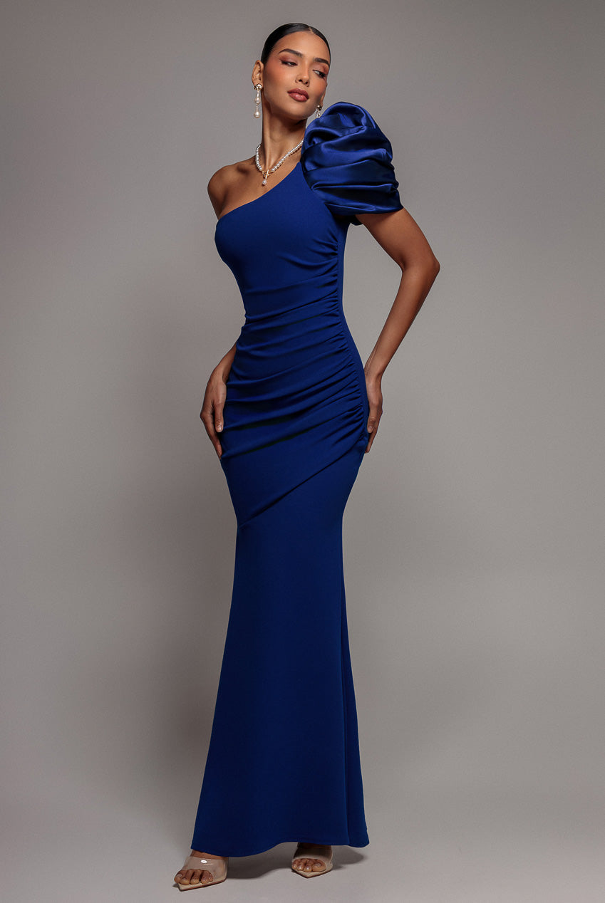 Goddiva One Shoulder Puffed Satin Sleeve Evening Maxi Dress