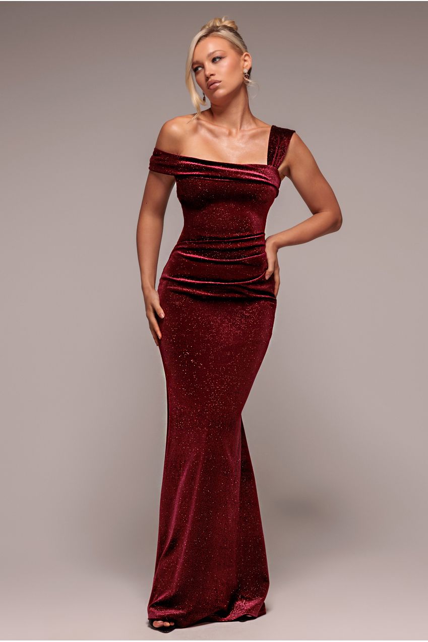 Goddiva Glitter Polka Dot Velvet One Shoulder Maxi Dress