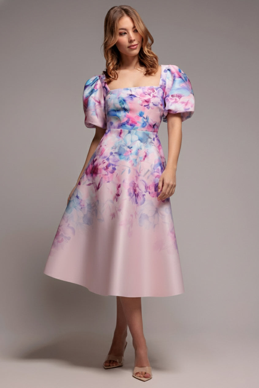Goddiva Printed Scuba Square Neck Puff Sleeve Midi Dress