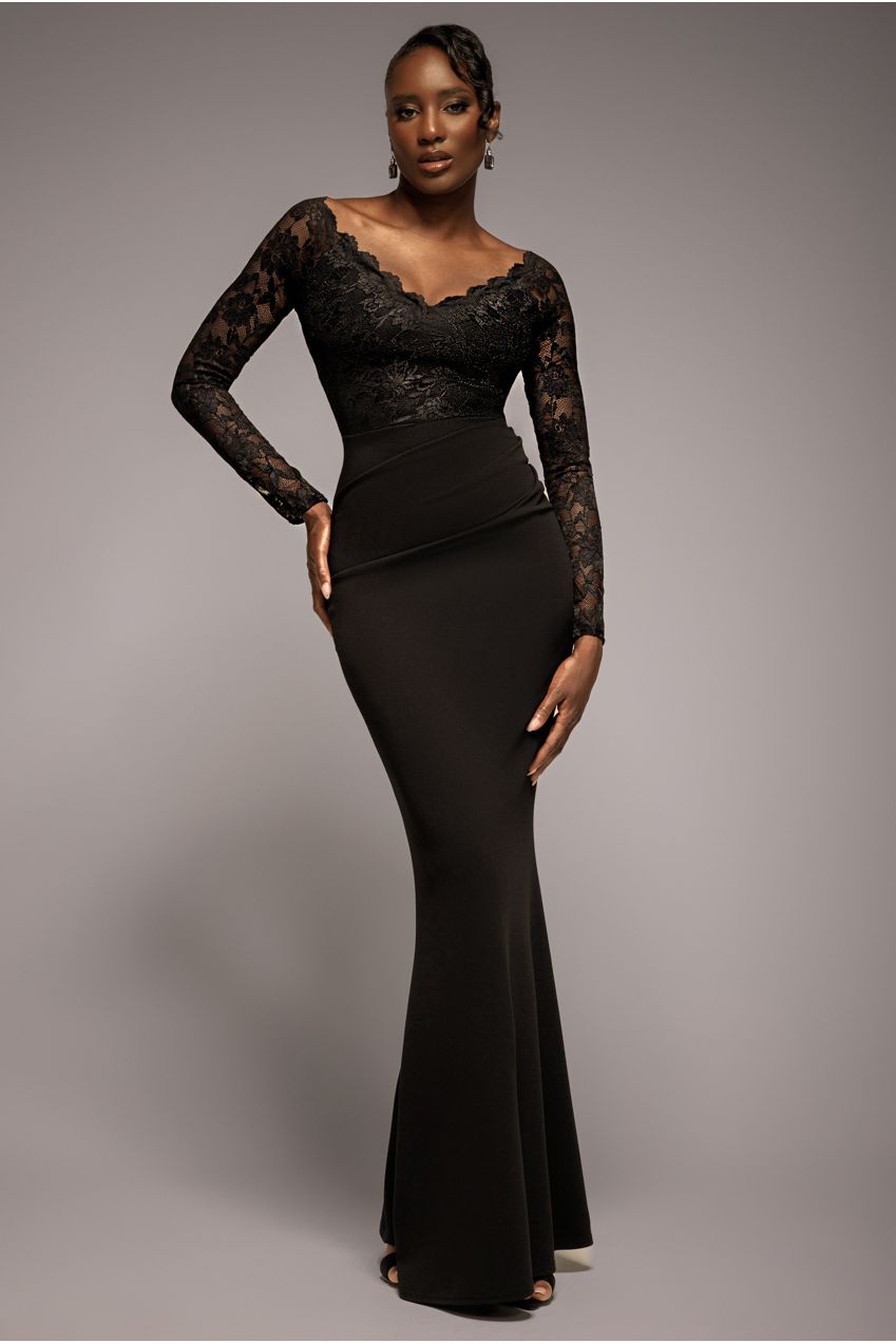 Goddiva Scalloped Lace Bodice Long Sleeve Bardot Maxi Dress